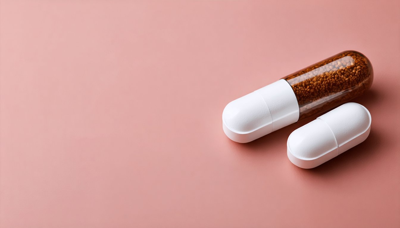 Various libido supplements on a table with herbal capsules, maca root, ginseng, and a glass of water